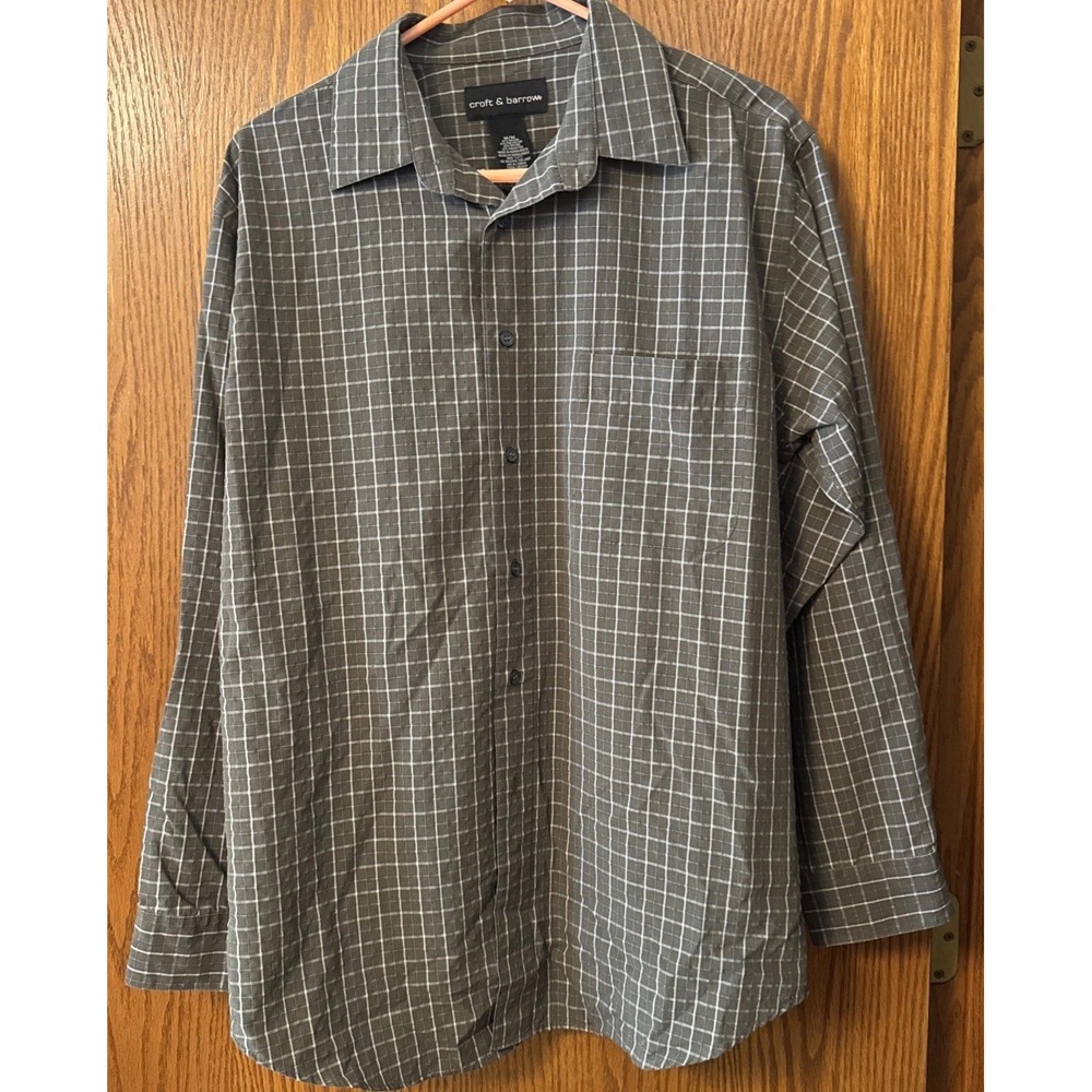 Croft & Barrow Men's M Gray Windowpane Plaid Rayon Blend Button Up Shirt